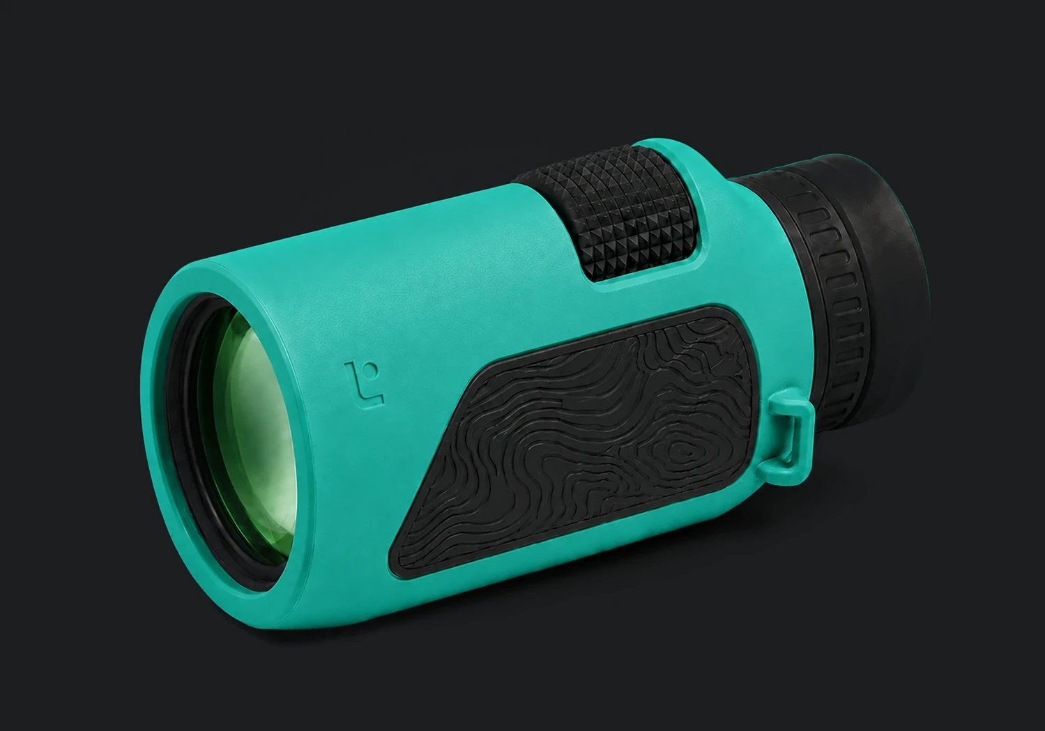 Caldera 8×32 monocular in Lagoon teal with black topographic grip and green objective lens, on a dark studio background