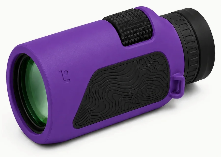 Caldera 8×32 monocular in Ultra Violet showing grip texture, focus wheel, lanyard loop, and eyepiece