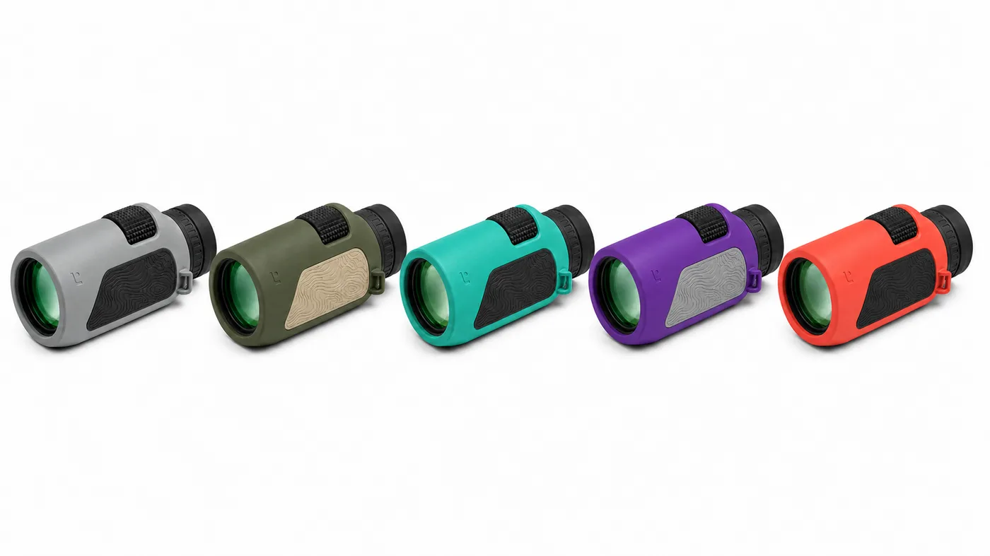 All five Caldera 8×32 colorways in a row: Stone Gray, Ranger Green, Lagoon, Ultra Violet, and Coral
